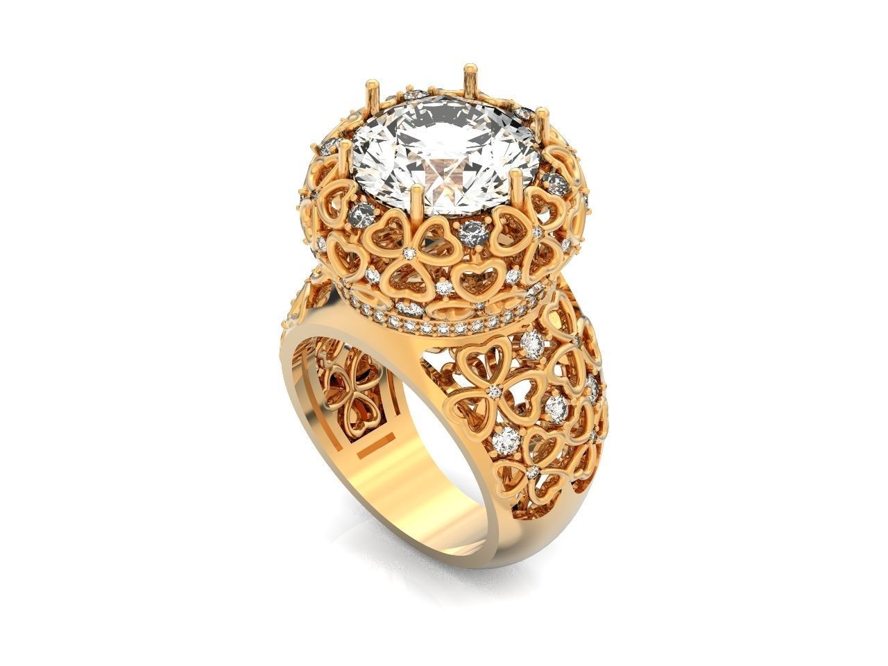 flower shamrock ring with a round diamond 1270 3D print model_1