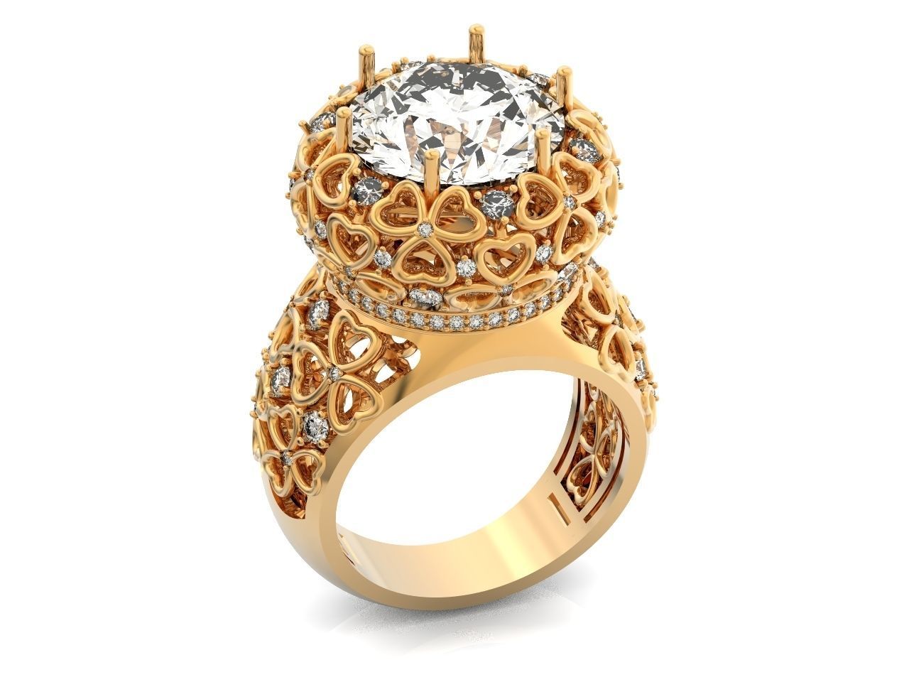 flower shamrock ring with a round diamond 1270 3D print model_48