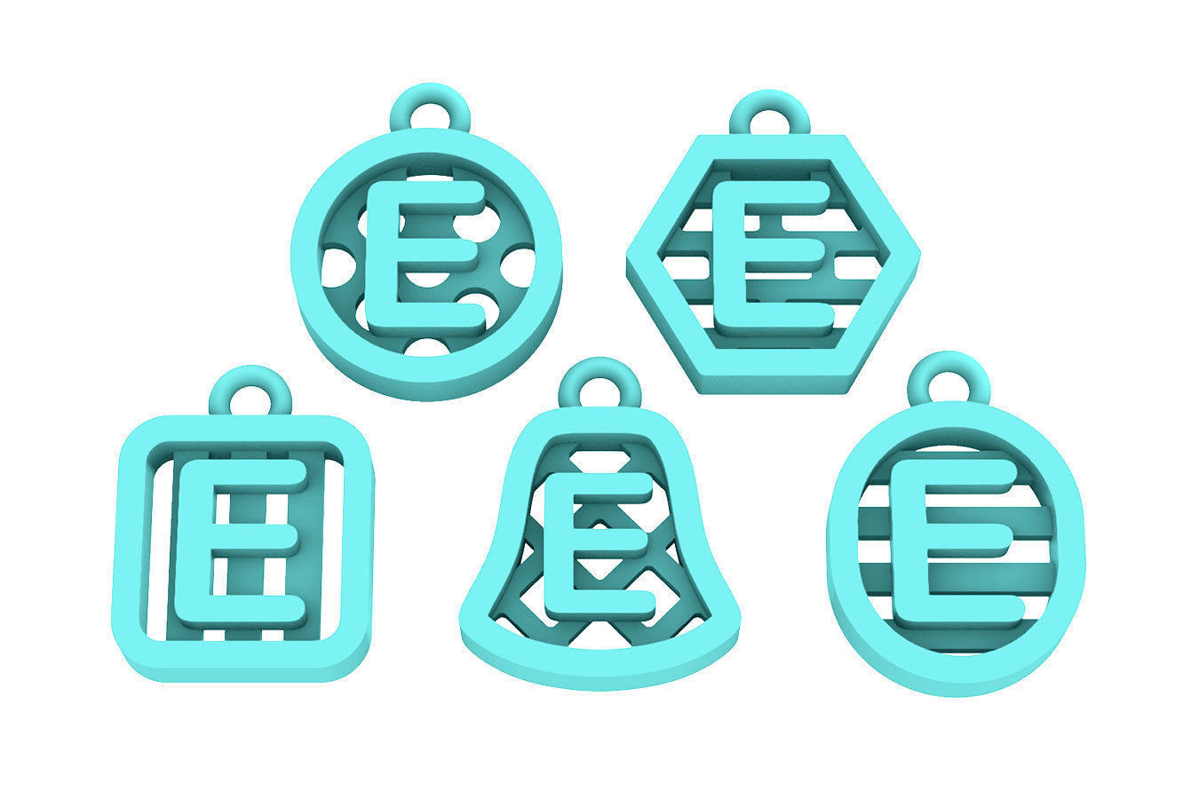 Initial letter charm with 5 different shapes - Alphabet E 3D print model_13