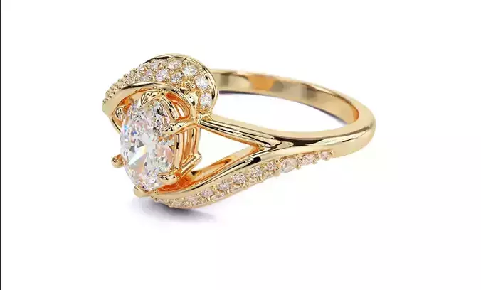 flower gold ring with oval diamond