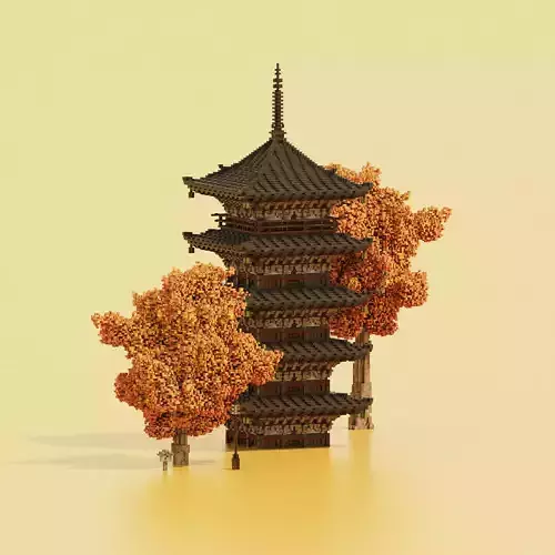 Voxel Japanese Pagoda with Two Trees by bkvoxel