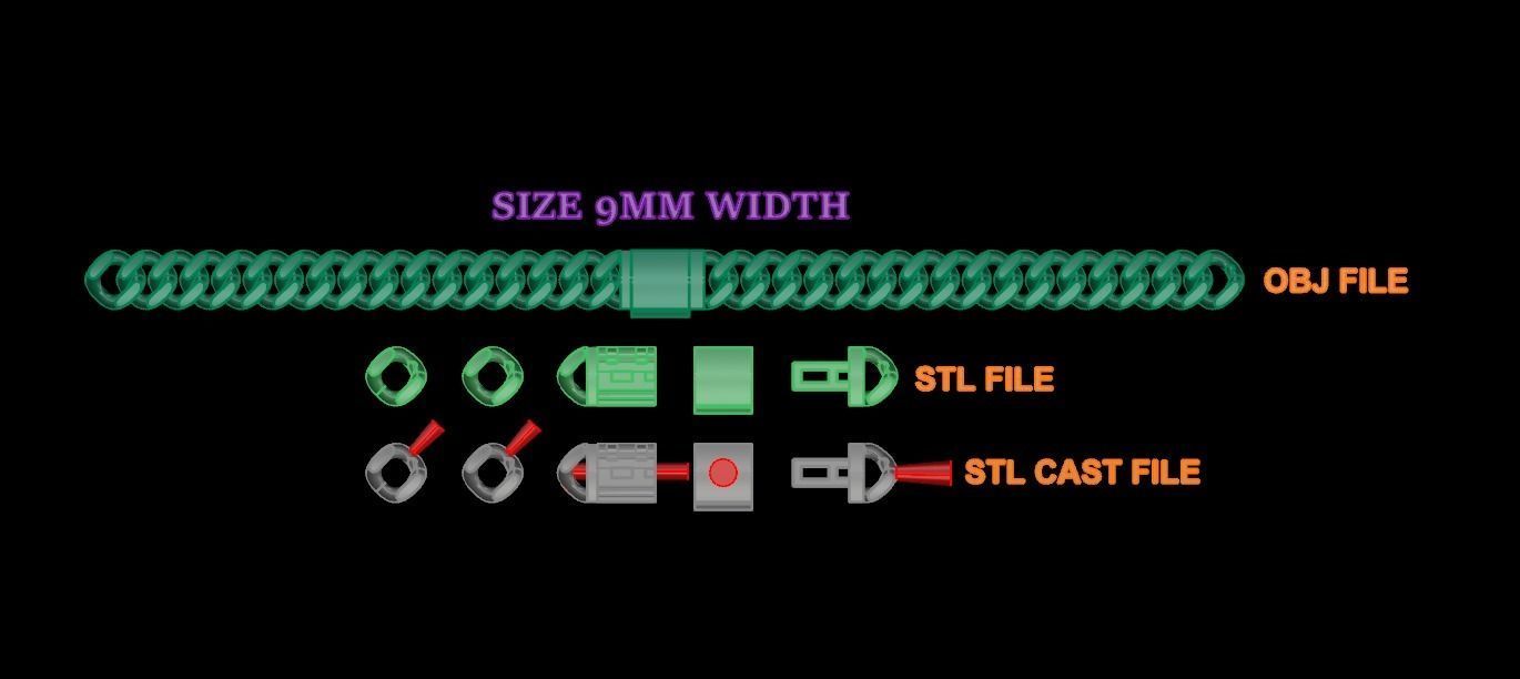 Cuban Chain Bracelet Necklace Link SIZE 9MM Width 3D print model_5