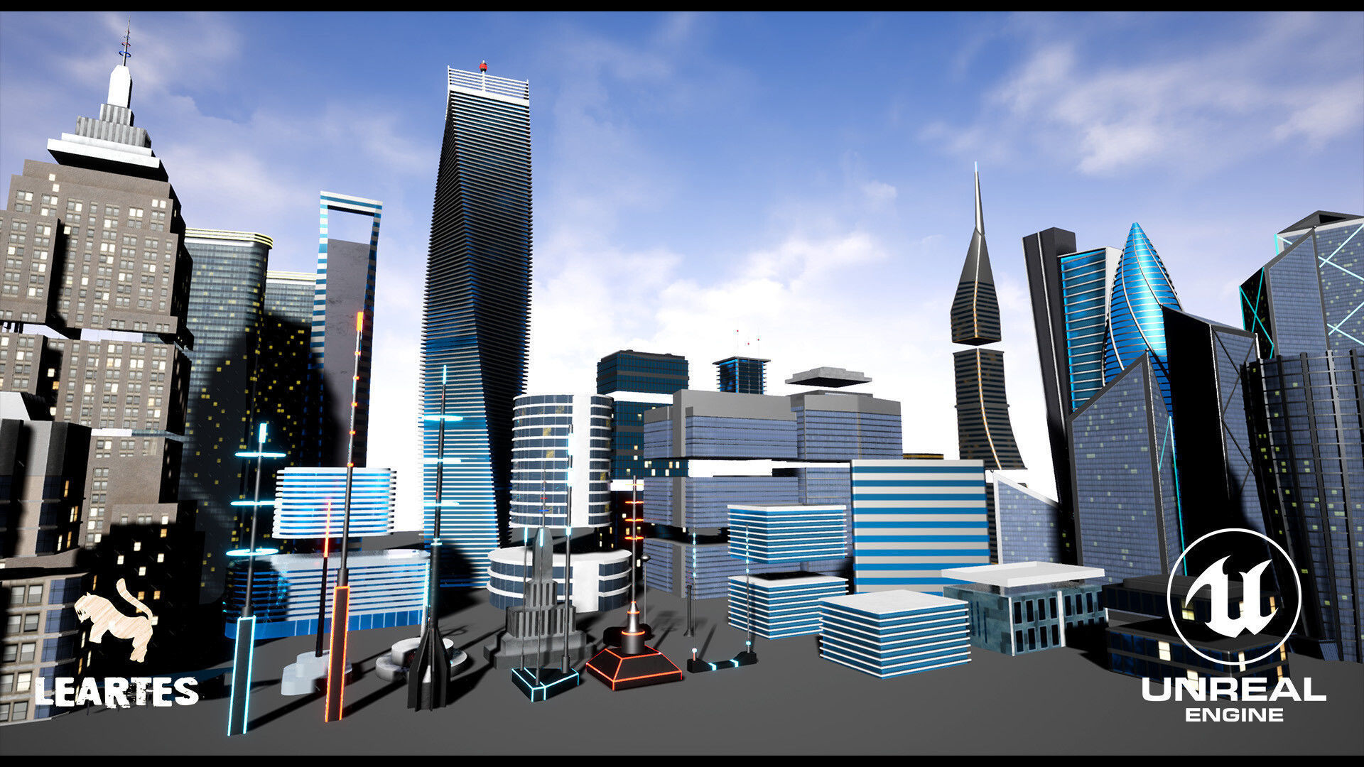 SkyScrapers High Rise Buildings Modular Asset Pack Low-poly 3D model_14