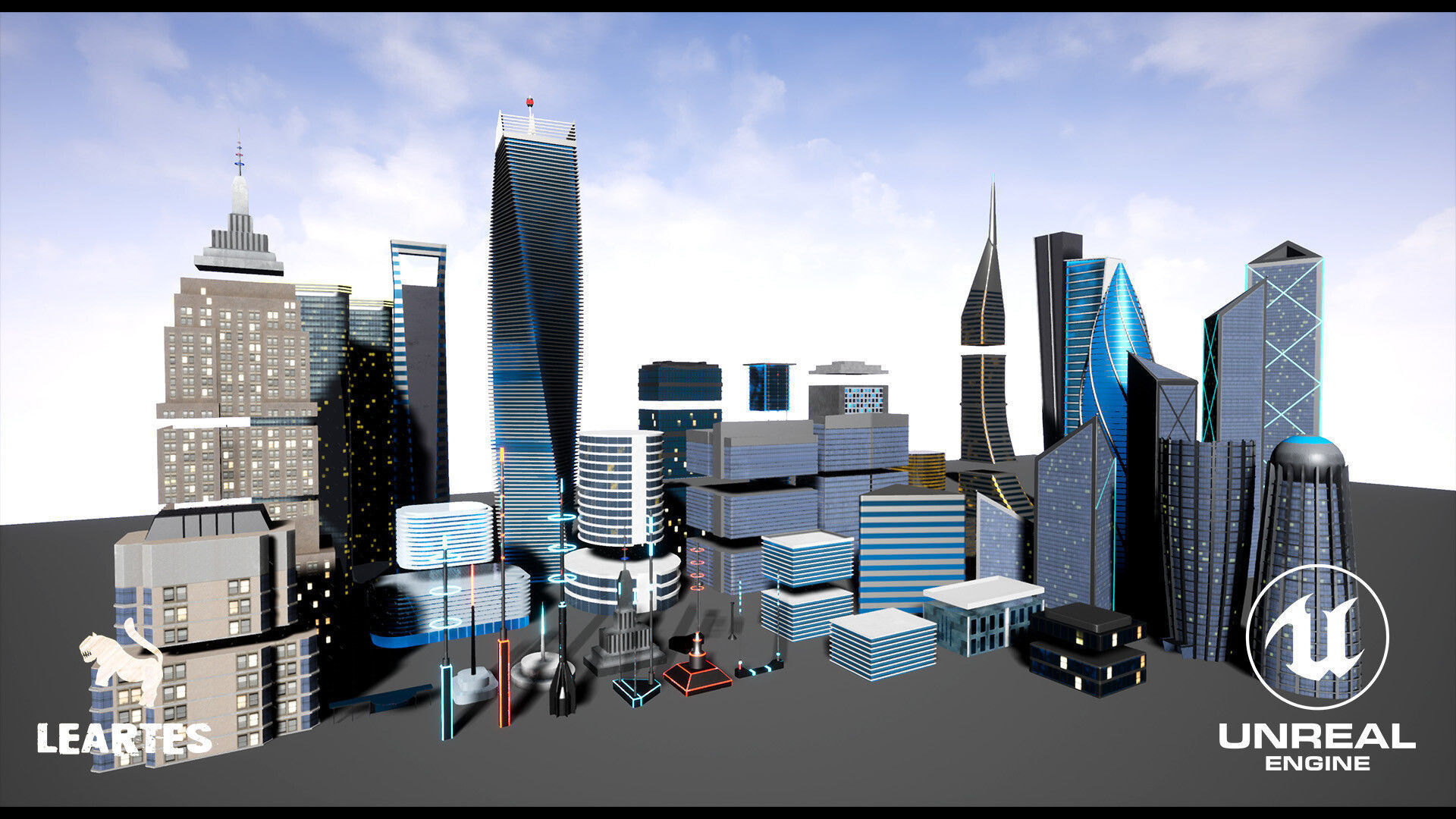 SkyScrapers High Rise Buildings Modular Asset Pack Low-poly 3D model_15