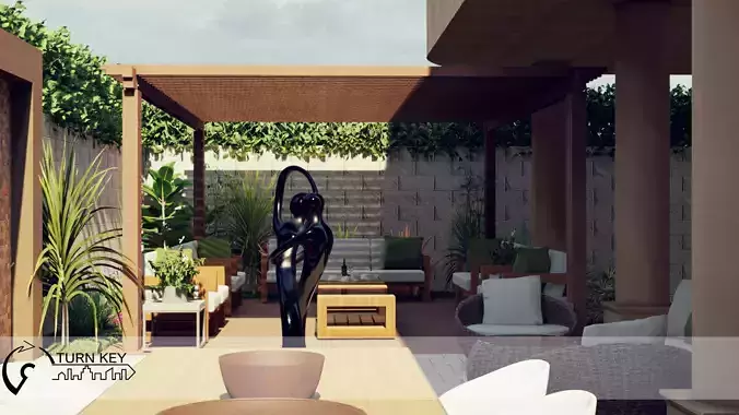 Backyard outdoor patio with furniture and plants