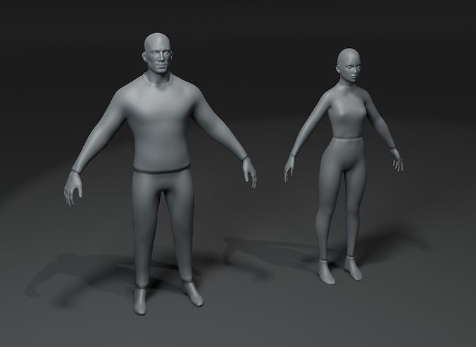 Clothed Male and Female Body Base Mesh 3D Model 10k Polygons Low-poly 3D model