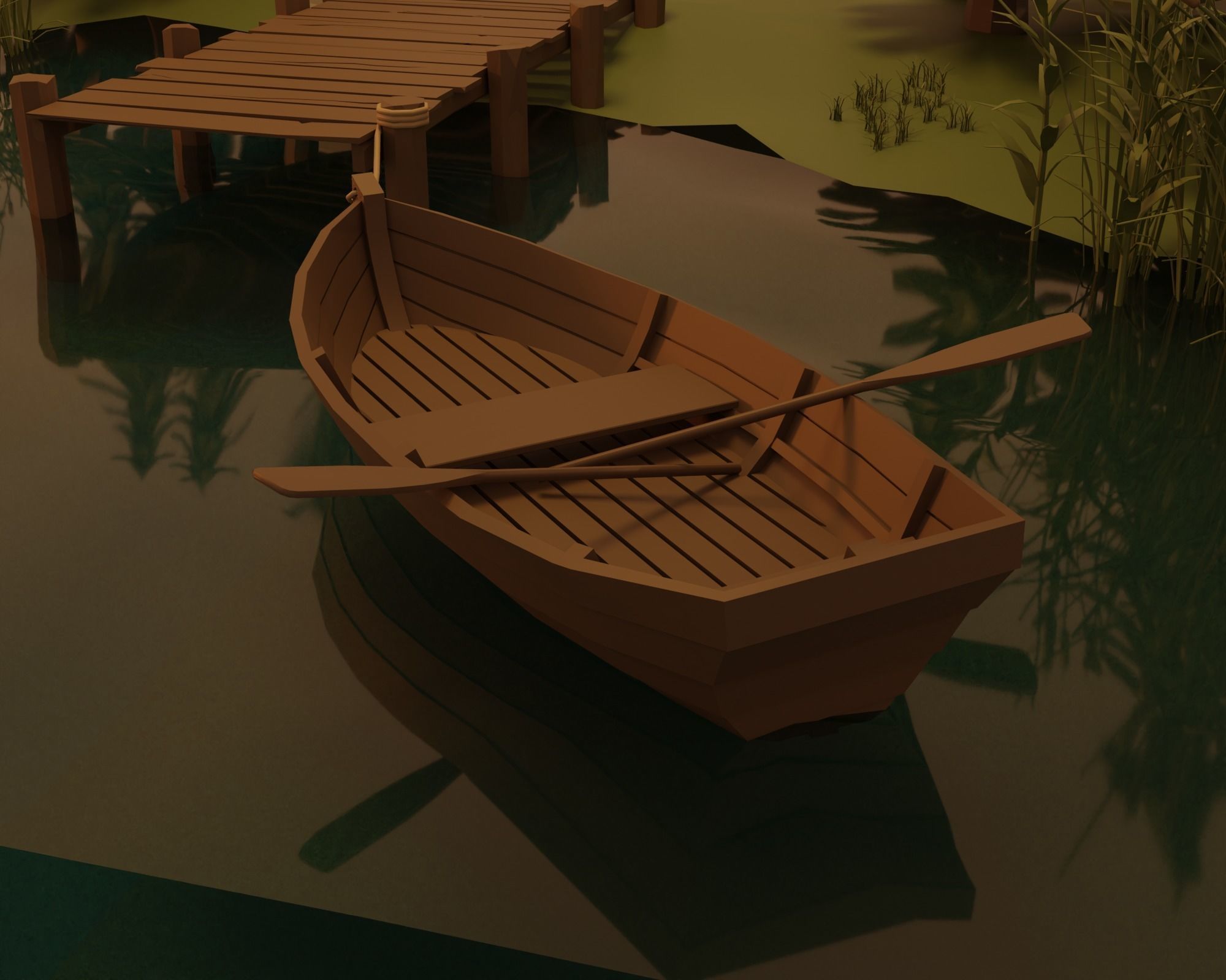 Lake wooden boat in water Low-poly 3D model_4