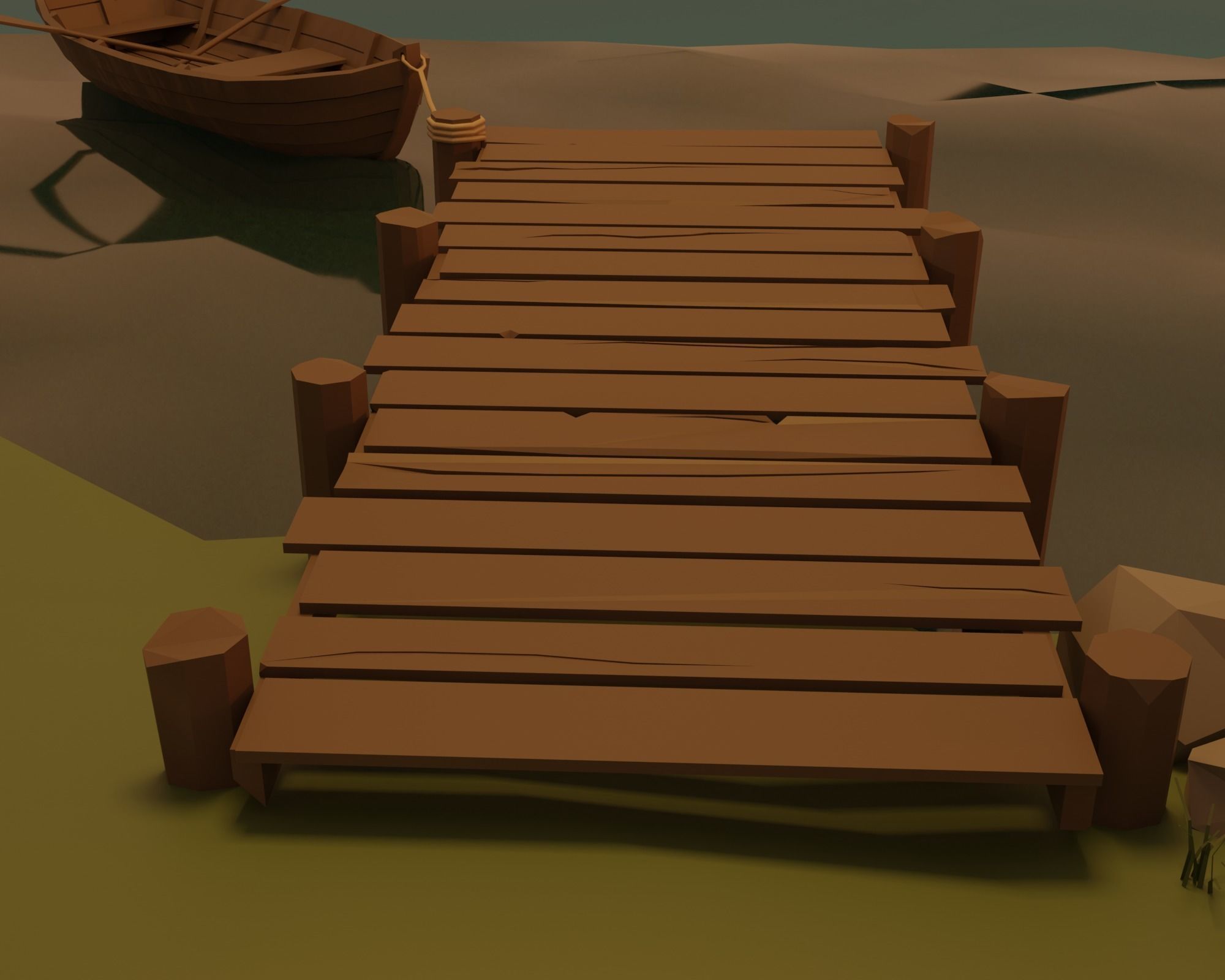 Lake wooden boat in water Low-poly 3D model_9