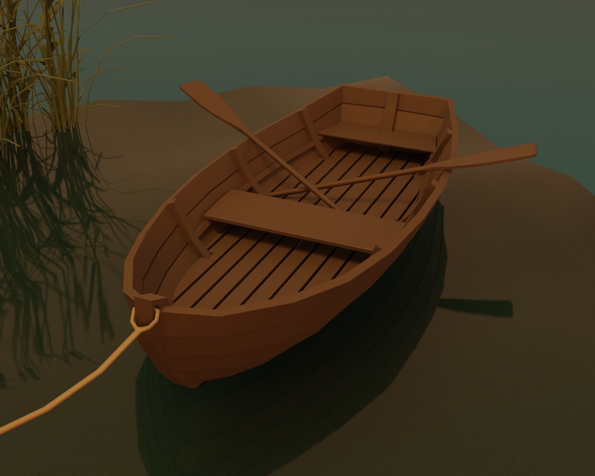 Lake wooden boat in water Low-poly 3D model_3