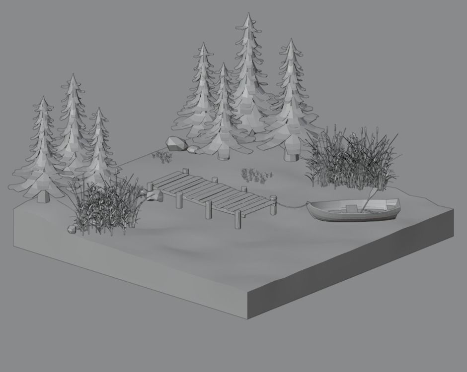 Lake wooden boat in water Low-poly 3D model_1