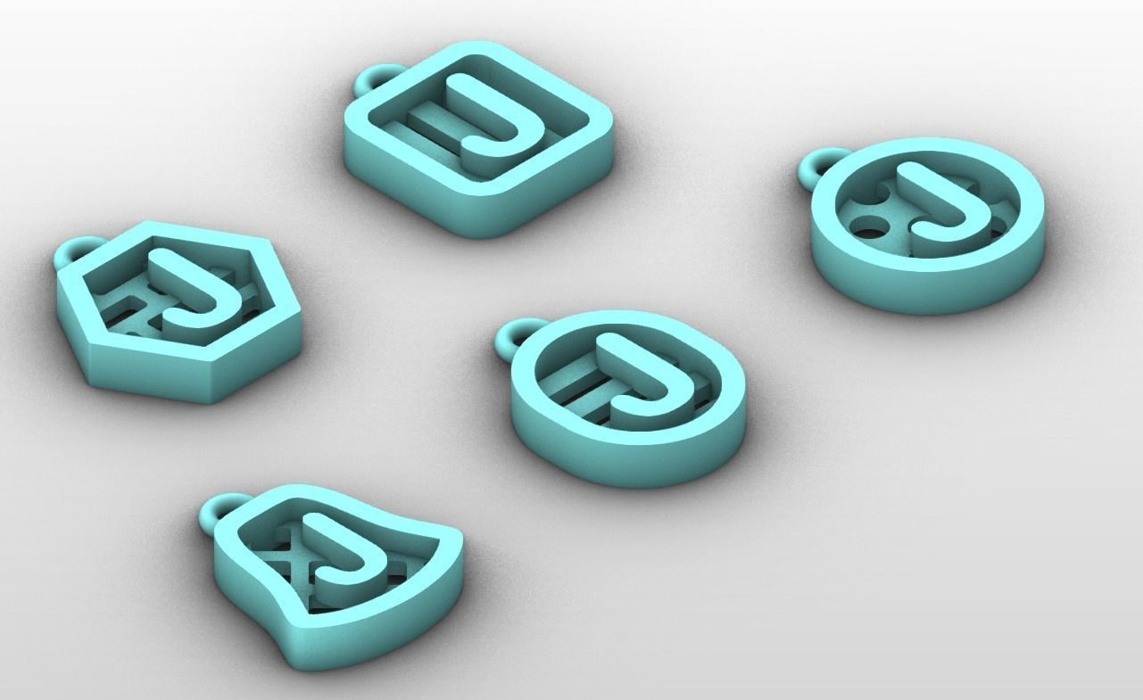 Initial letter charm with 5 different shapes - Alphabet J 3D print model_5