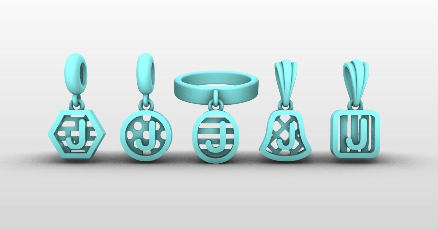 Initial letter charm with 5 different shapes - Alphabet J 3D print model_3