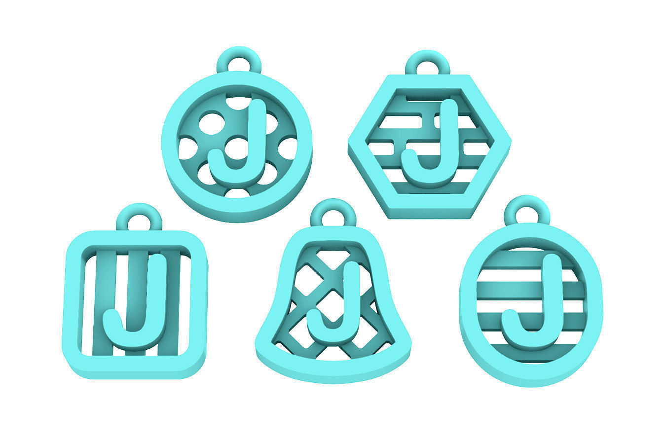 Initial letter charm with 5 different shapes - Alphabet J 3D print model_13