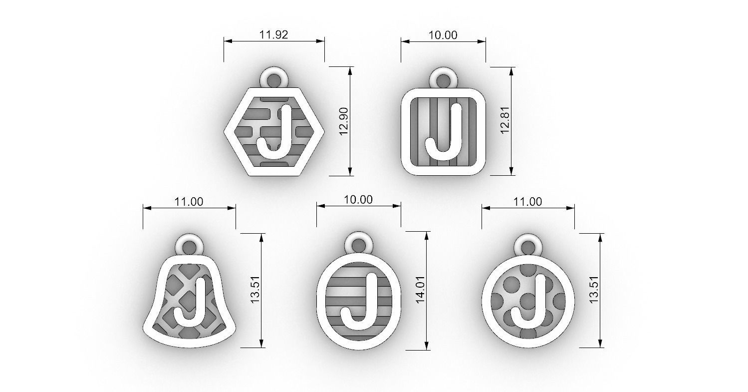 Initial letter charm with 5 different shapes - Alphabet J 3D print model_12