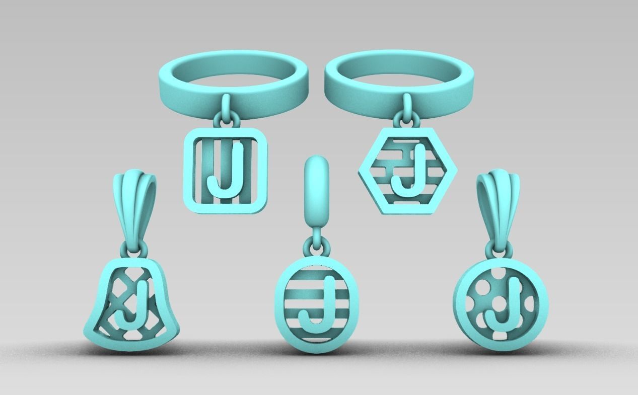 Initial letter charm with 5 different shapes - Alphabet J 3D print model_2