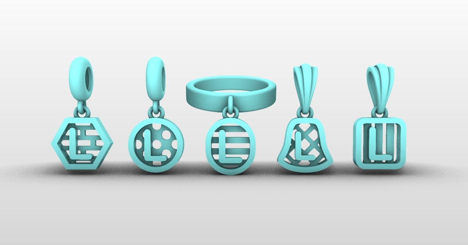 Initial letter charm with 5 different shapes - Alphabet L 3D print model_3
