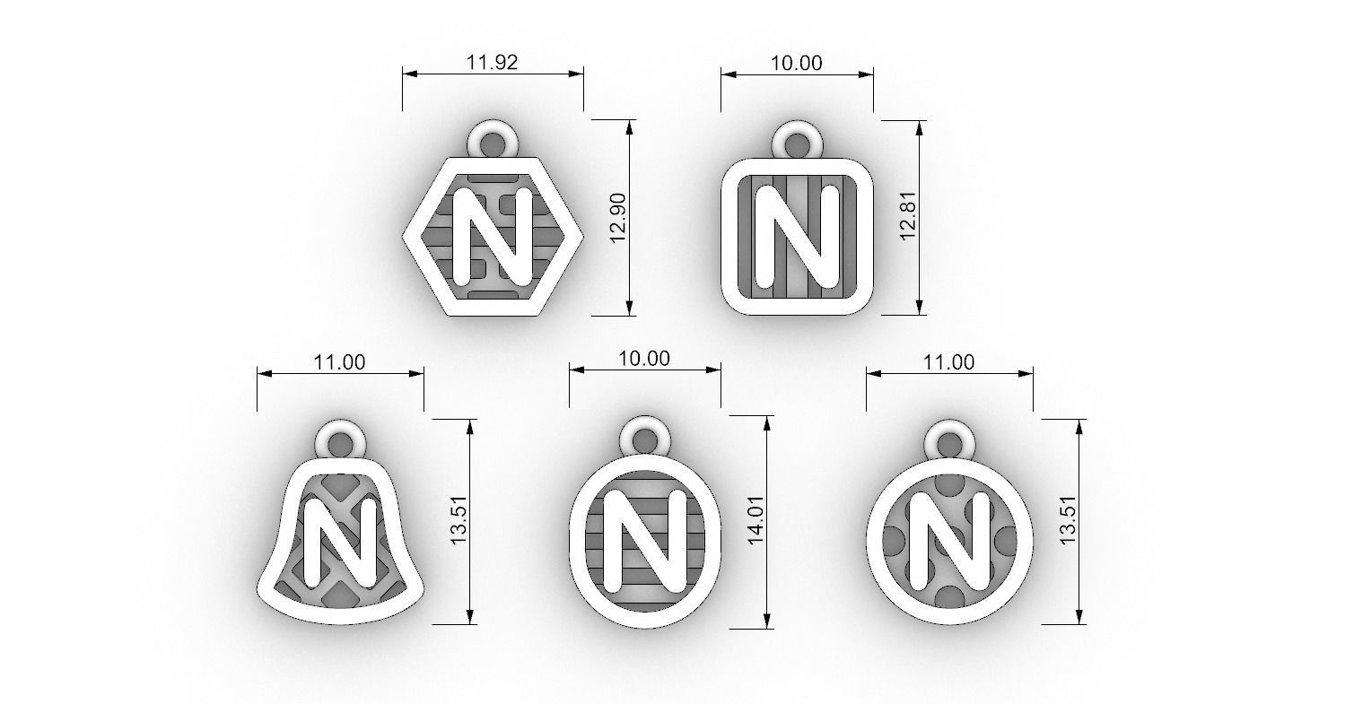 Initial letter charm with 5 different shapes - Alphabet N 3D print model_12