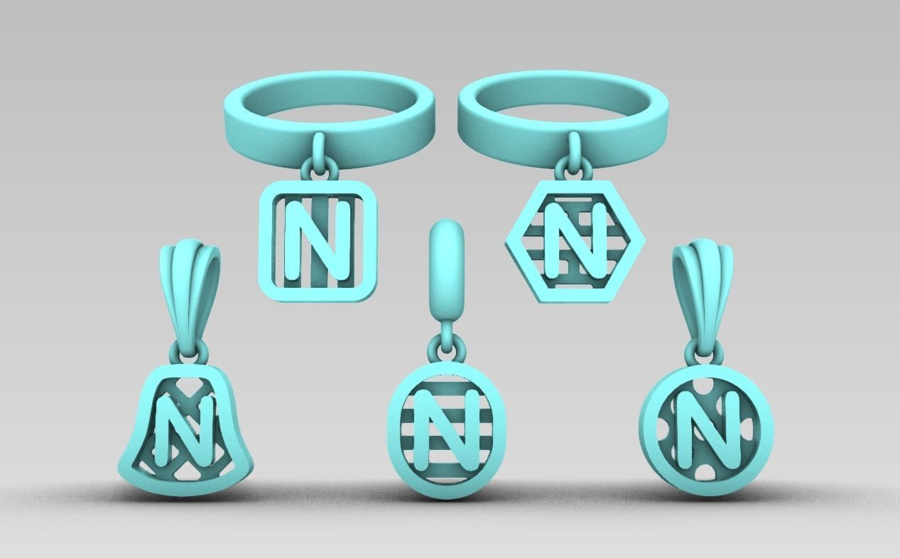 Initial letter charm with 5 different shapes - Alphabet N 3D print model_2