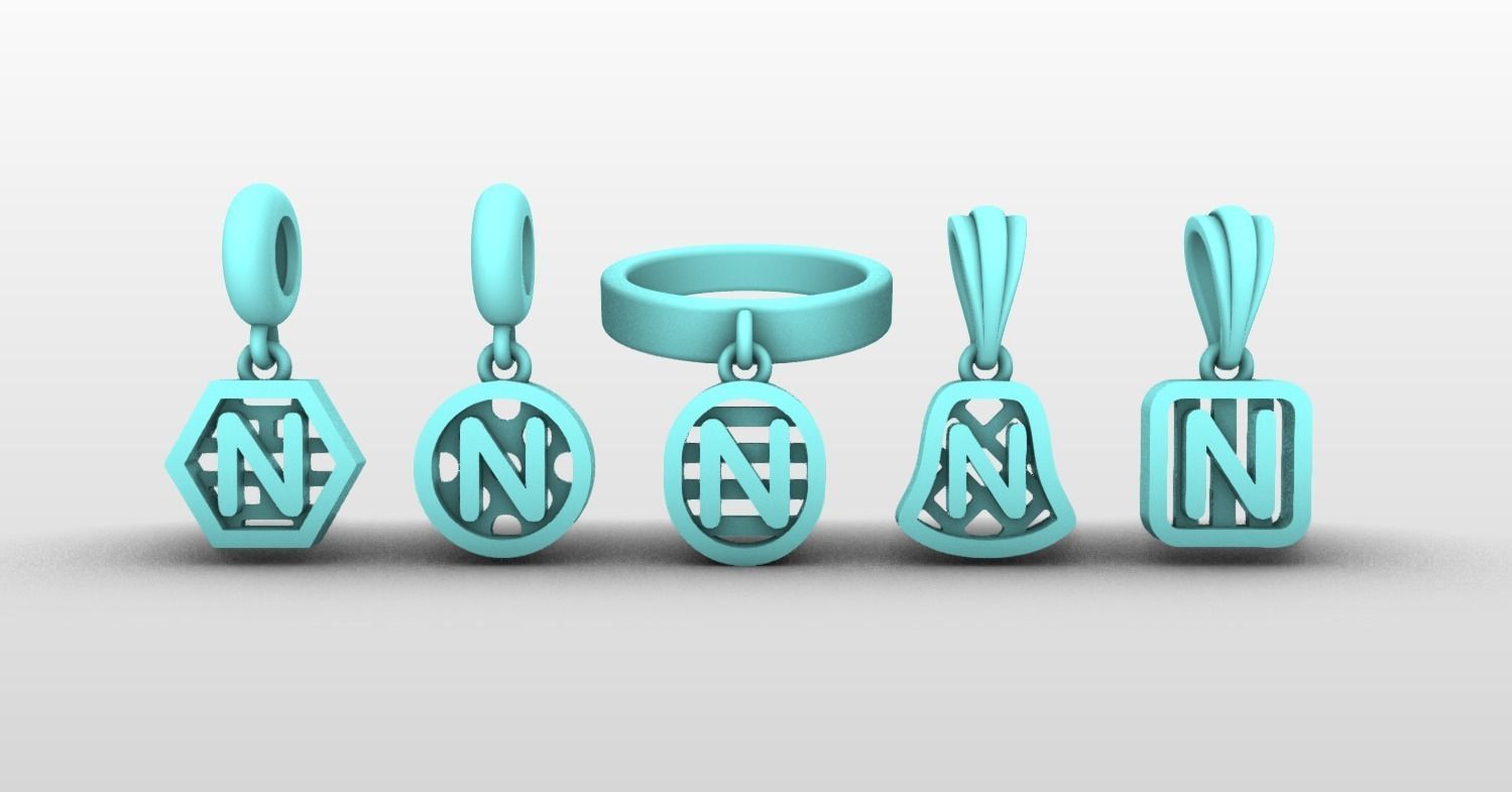 Initial letter charm with 5 different shapes - Alphabet N 3D print model_3