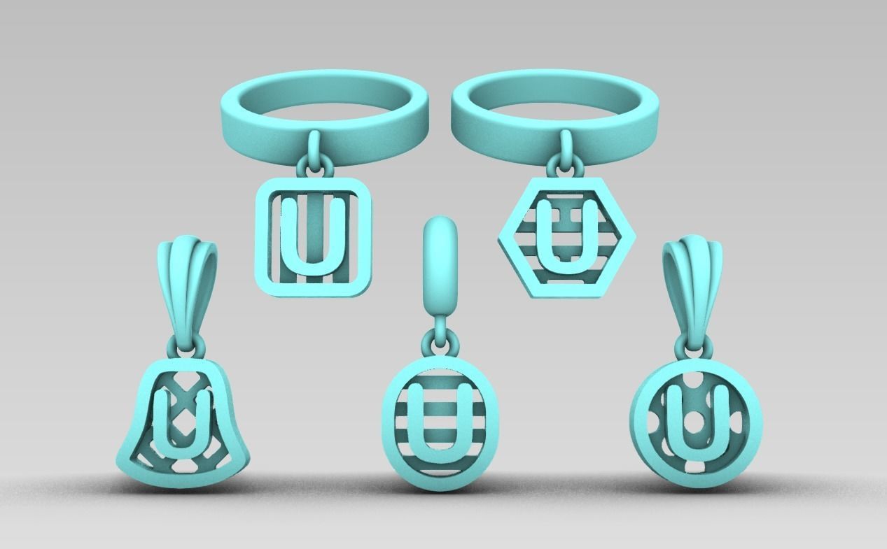 Initial letter charm with 5 different shapes - Alphabet U 3D print model_2