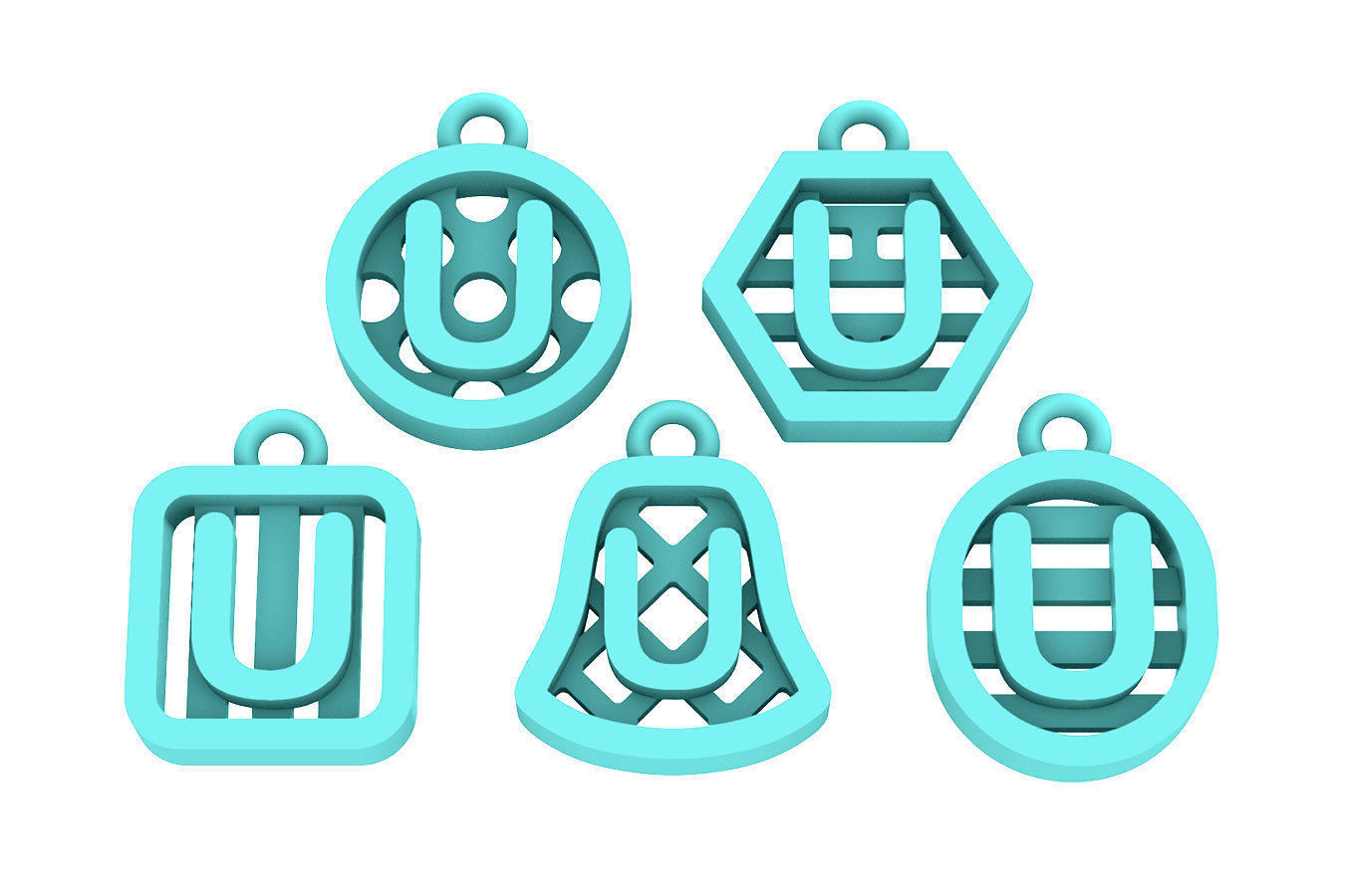 Initial letter charm with 5 different shapes - Alphabet U 3D print model_14