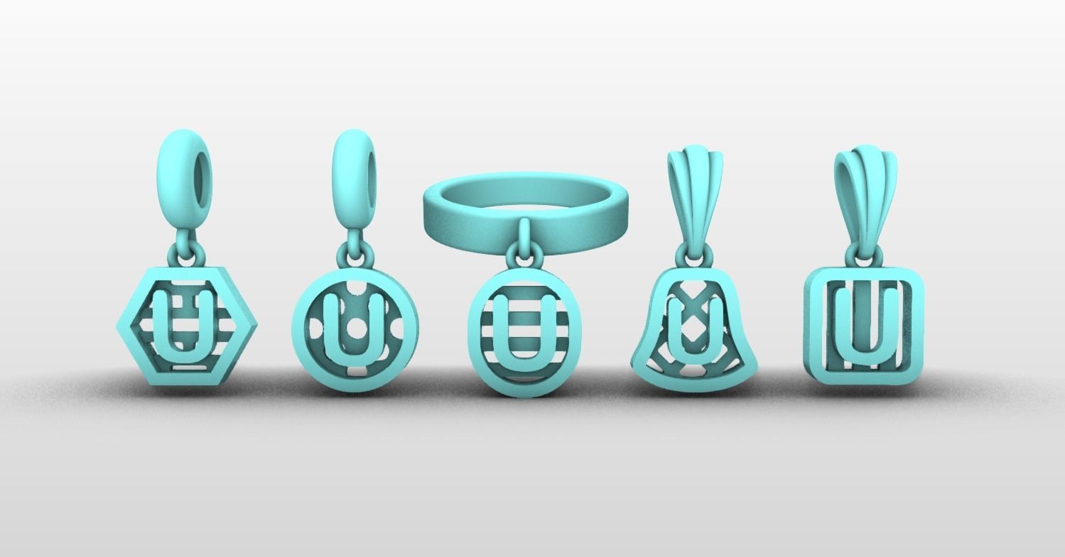 Initial letter charm with 5 different shapes - Alphabet U 3D print model_3