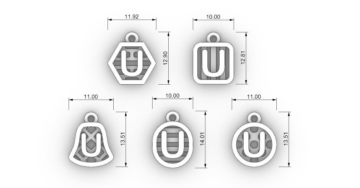 Initial letter charm with 5 different shapes - Alphabet U 3D print model_12