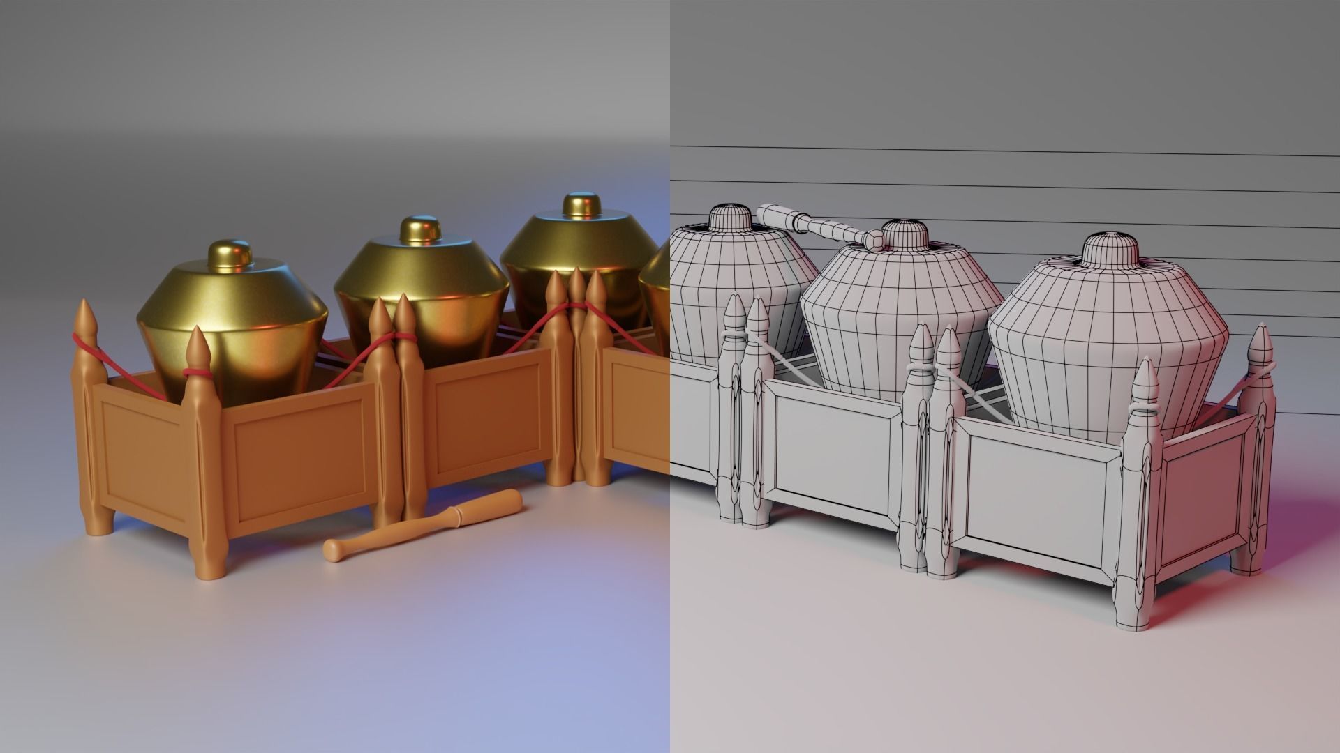 Kenong five golden jars in wooden box 3D model_2