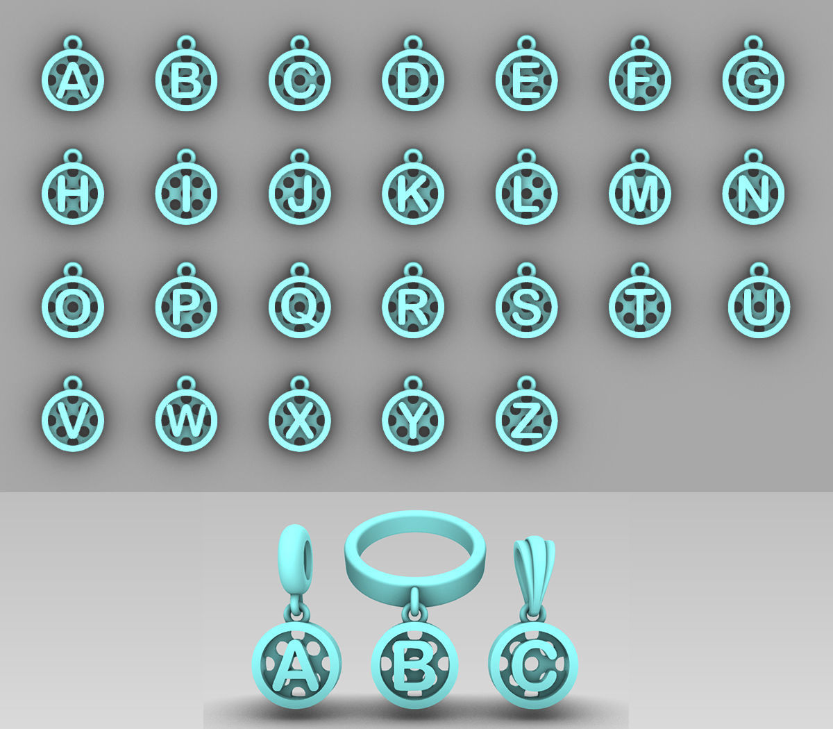 Initial letter charms - alphabet A-Z - circular frame 3D print model_1