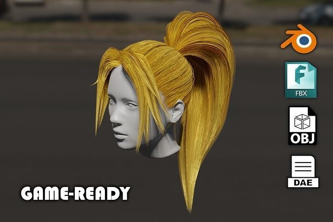 Realistic Game Ready 3d long female hair - hair card method Low-poly 3D model