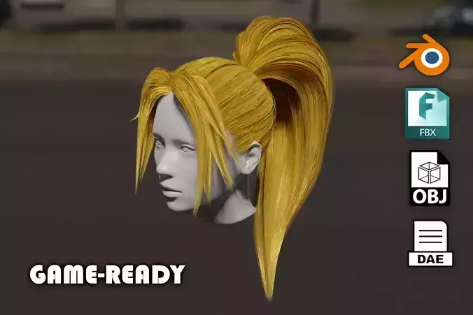 Realistic Game Ready 3d long female hair - hair card method Low-poly 3D model