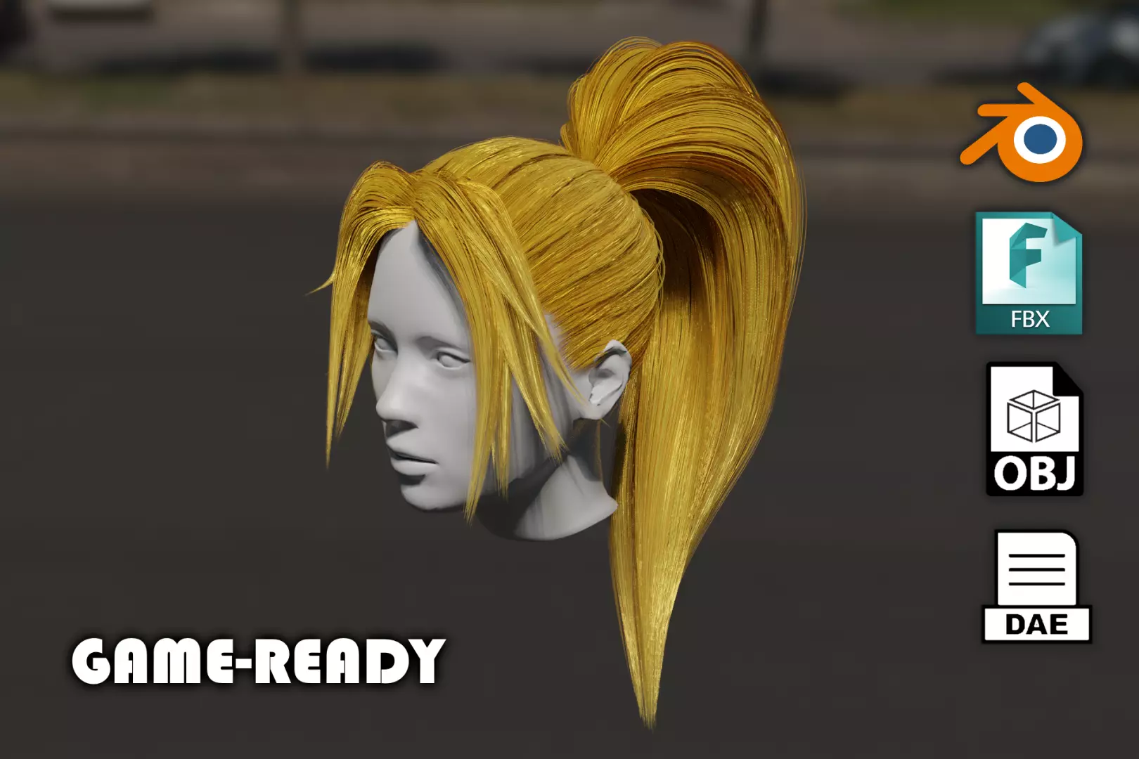 Realistic Game Ready 3d long female hair - hair card method Low-poly 3D model_0