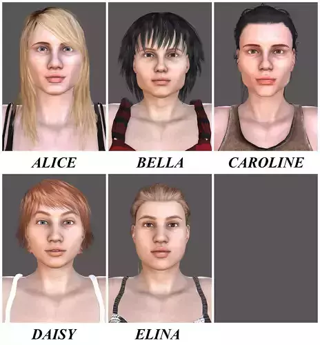 5 WOMENS woman in top and shorts 3D Model Collection