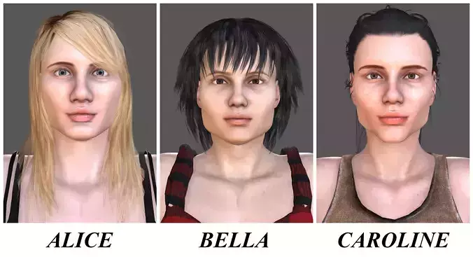 ALICE-BELLA-CAROLINE woman in top and shorts 3D Model Collection