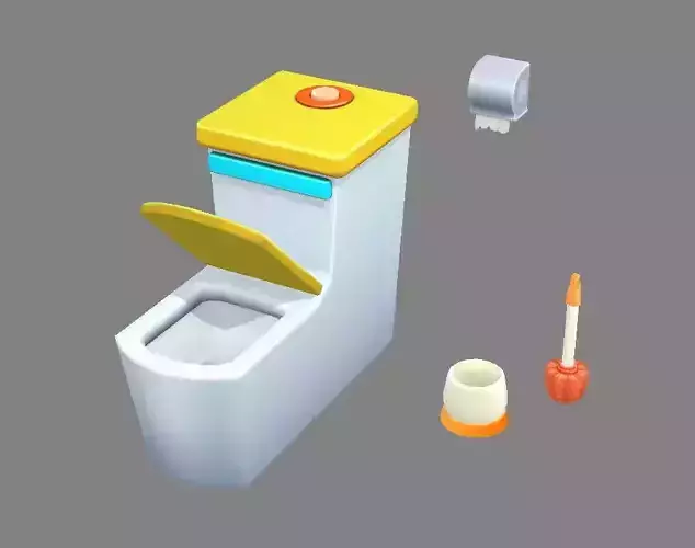 Cartoon toilet - toilet brush - toilet paper Low-poly 3D model