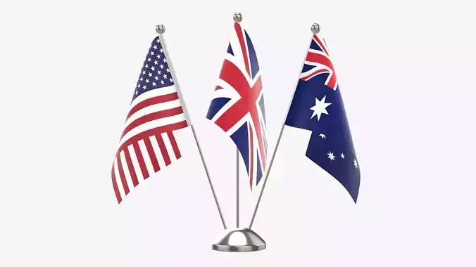 Desk decorative flag on triple flagpole 3D model