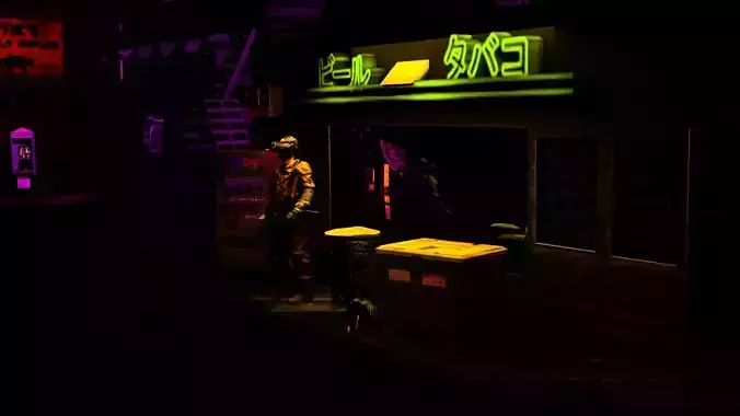 Cybertopia neon lit street at night Free 3D model