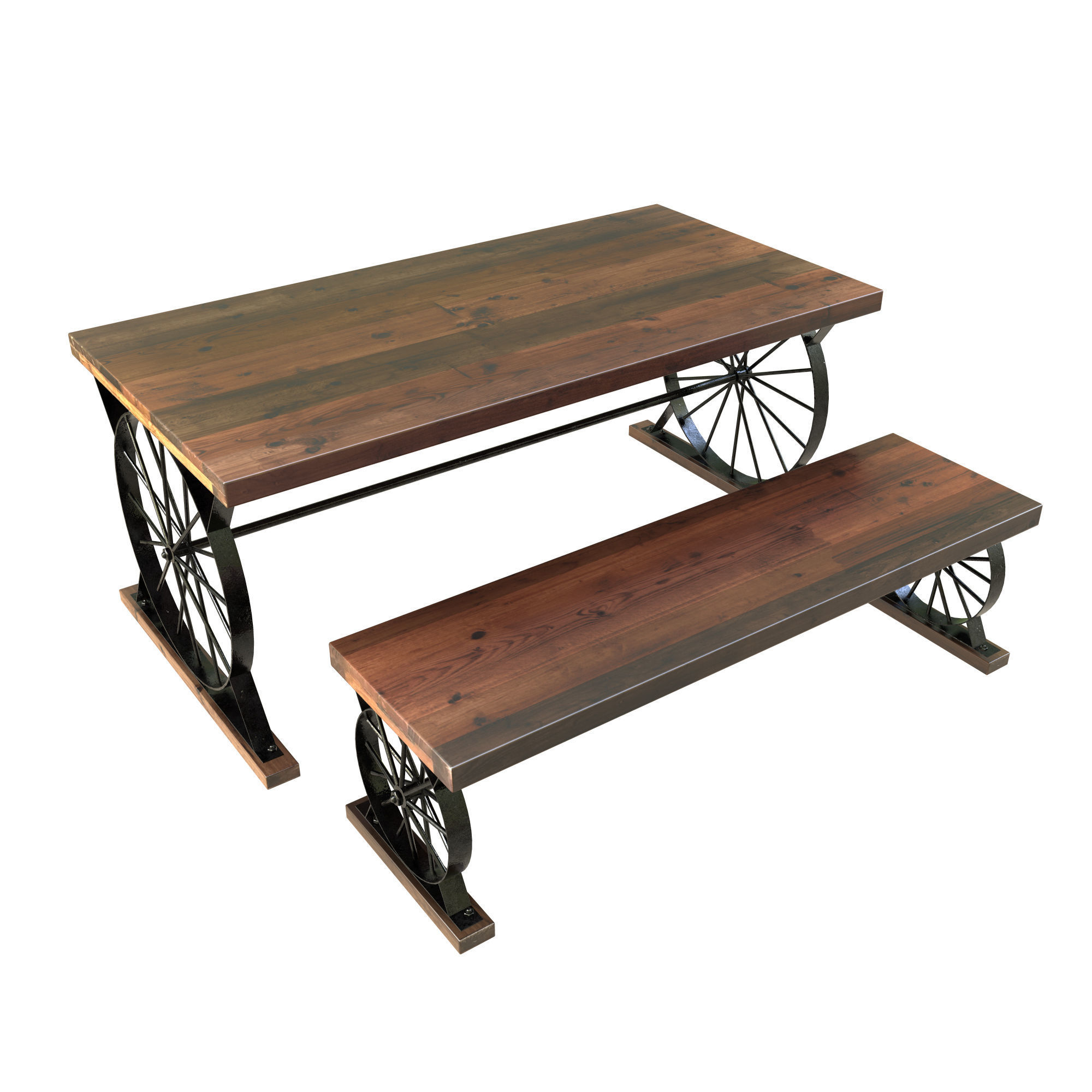 Wagon Wheel Dining Table Bench 3D model_2