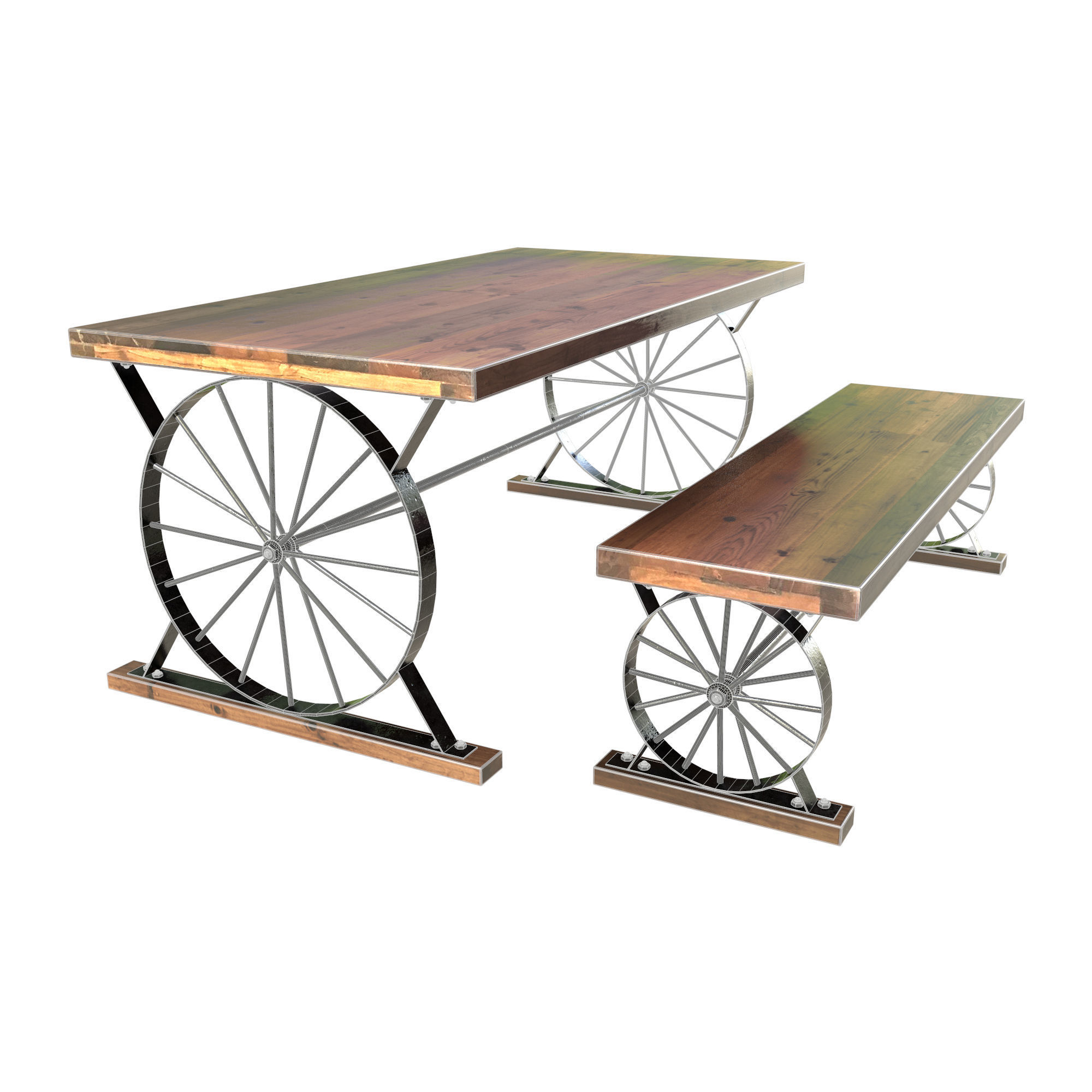 Wagon Wheel Dining Table Bench 3D model_11