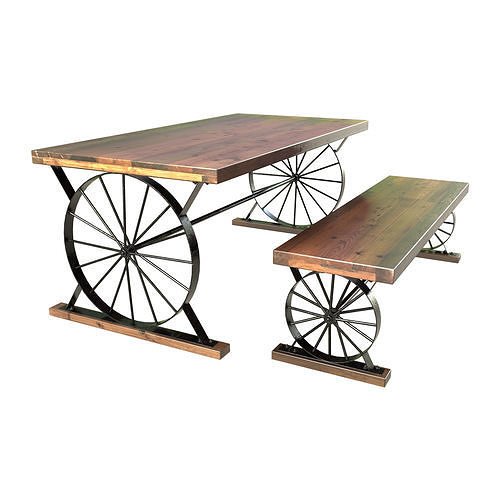 Wagon Wheel Dining Table Bench 3D model