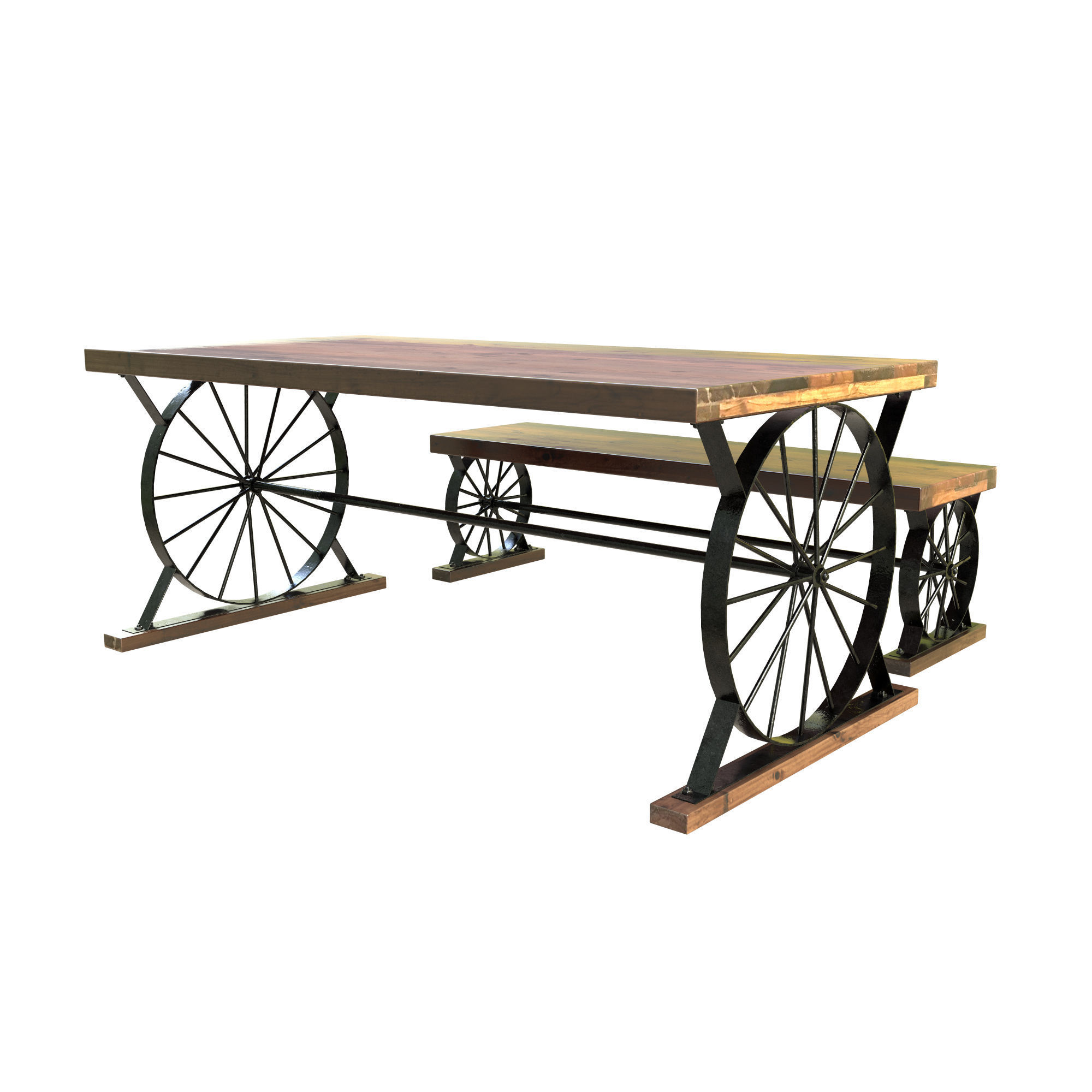 Wagon Wheel Dining Table Bench 3D model_3