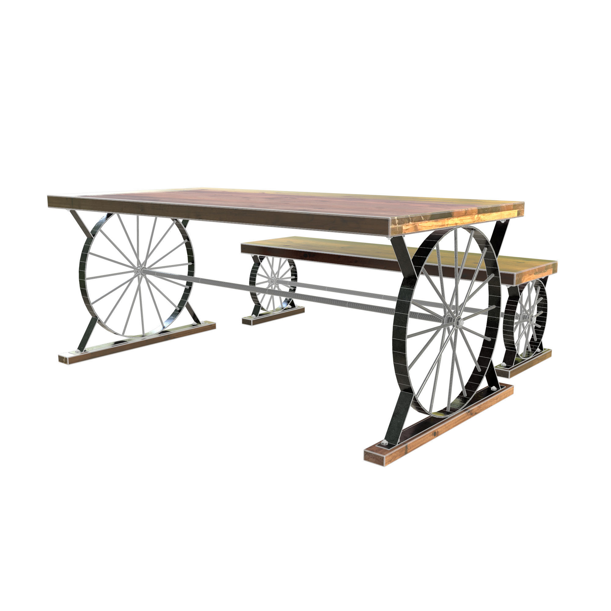 Wagon Wheel Dining Table Bench 3D model_13