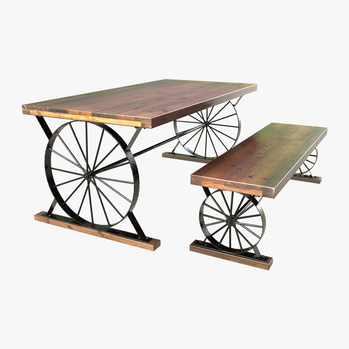 Wagon Wheel Dining Table Bench 3D model_10