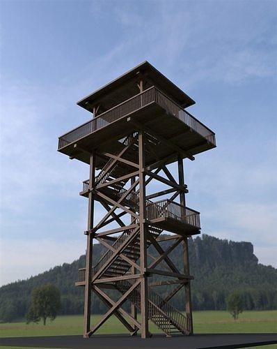 Watchtower wooden tower with stairs in middle of grassy field Free low-poly 3D model
