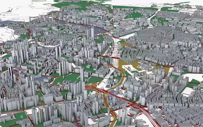 Singapore city with grass and trees Low-poly 3D model