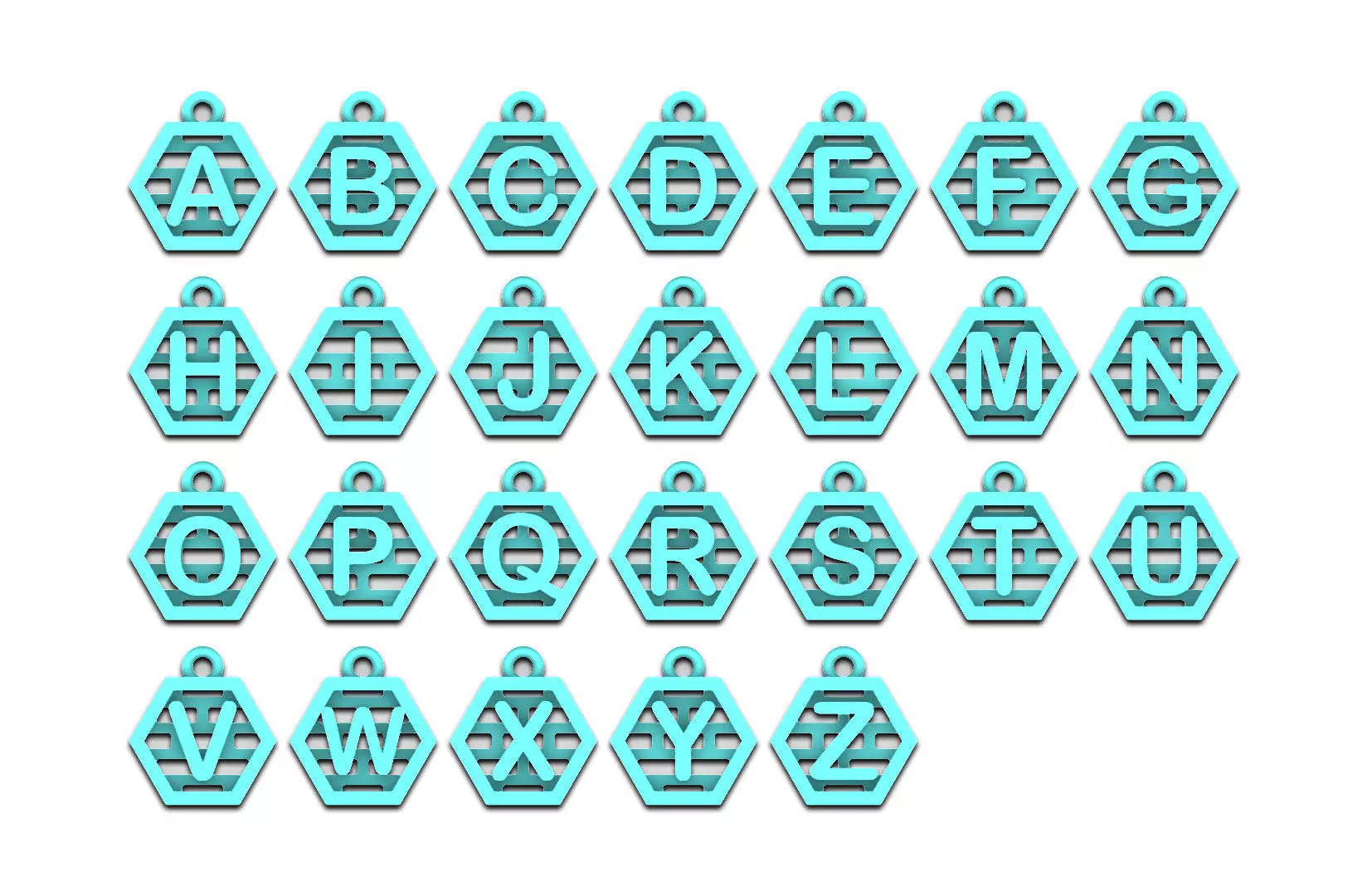 Initial letter charms - alphabet A-Z - hexagonal frame 3D print model