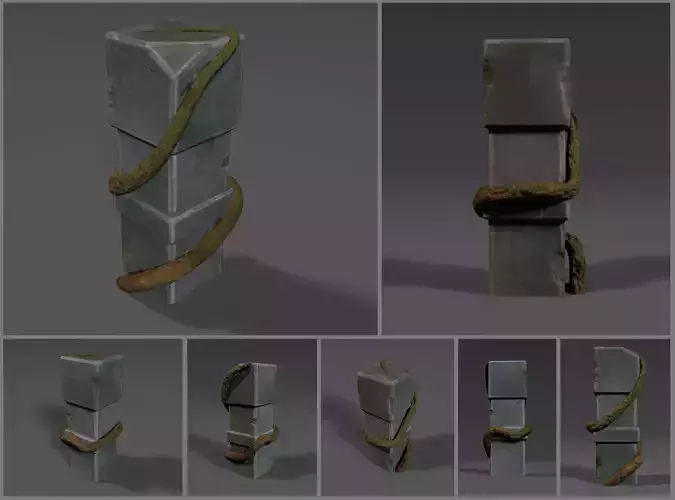 Low-poly stylized stone obelisk with root or vine