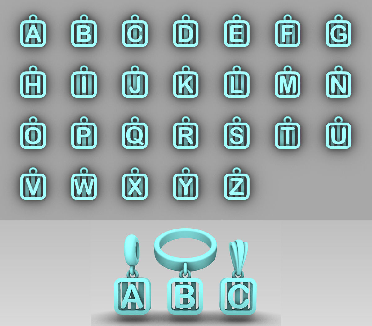 Initial letter charms  - alphabet A-Z - square frame 3D print model_1