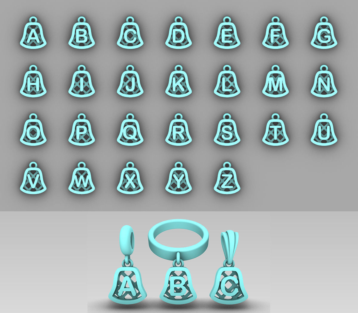 Initial letter charms - alphabet A-Z - bell shape 3D print model_1