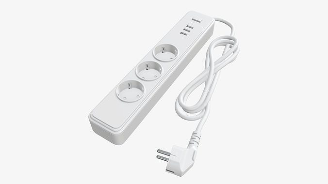 Power strip with USB ports EU white 3D model